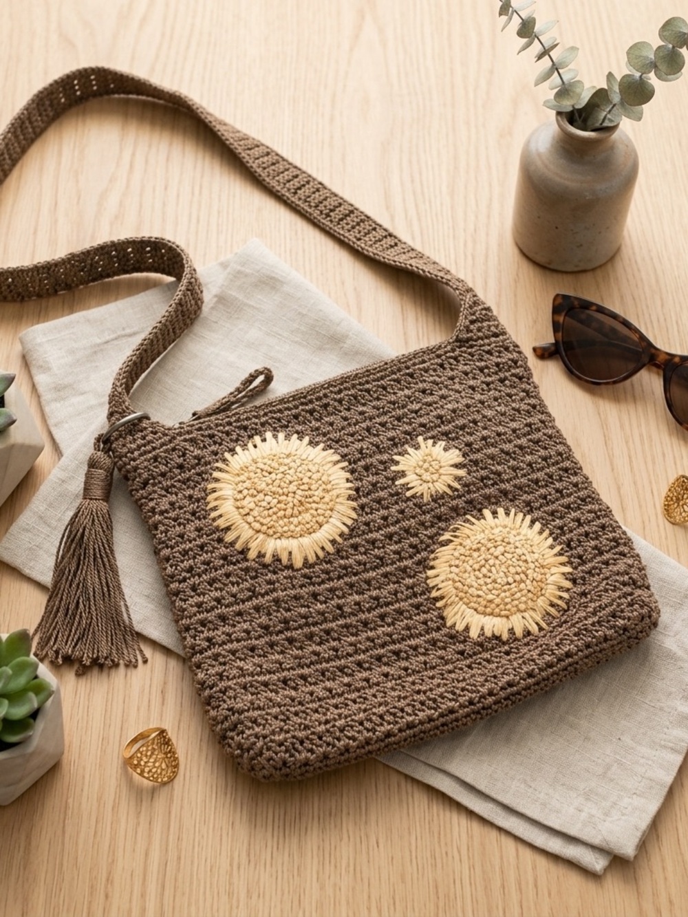 The Sak Brown Crochet Crossbody Bag with Cream Sunburst Embroidery